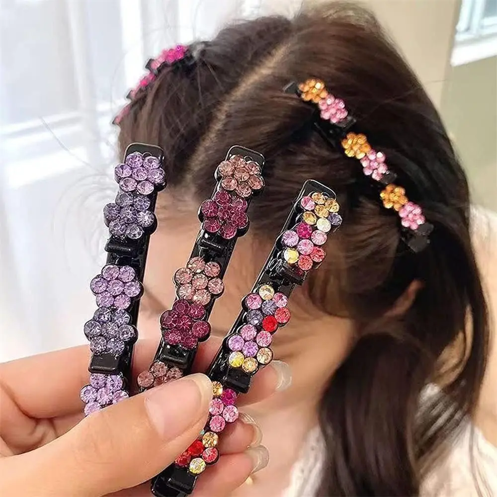 

4PCS Sparkling Crystal Flower Hairclip for Women Hair Cute Braided Bangs Side Hairpin Elastic Duckbill Clip Satin Headband