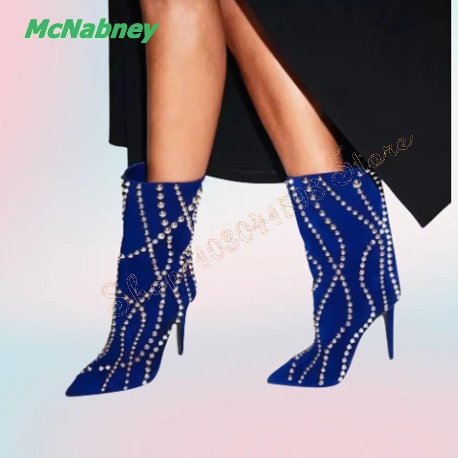 

Studded Suede High Heel Boots,Pointed Toe Stiletto Mid Calf Boots Zipper Boots for Women Plus Size 2024 New Zapatos Para Mujere