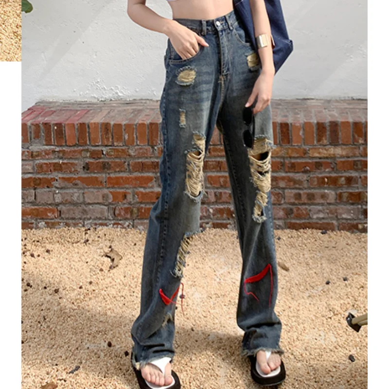 

Женские брюки, винтажные синие брюки с высокой талией, широкие брюки с дырками, женские джинсовые брюки с мешковатой уличной подкладкой