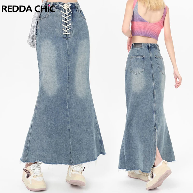 

ReddaChic Women Lace-up Fishtail Long Jeans Skirt Slit Back Blue Frayed Distressed High Waist Denim Maxi Skirt Y2k Grayu Bottoms