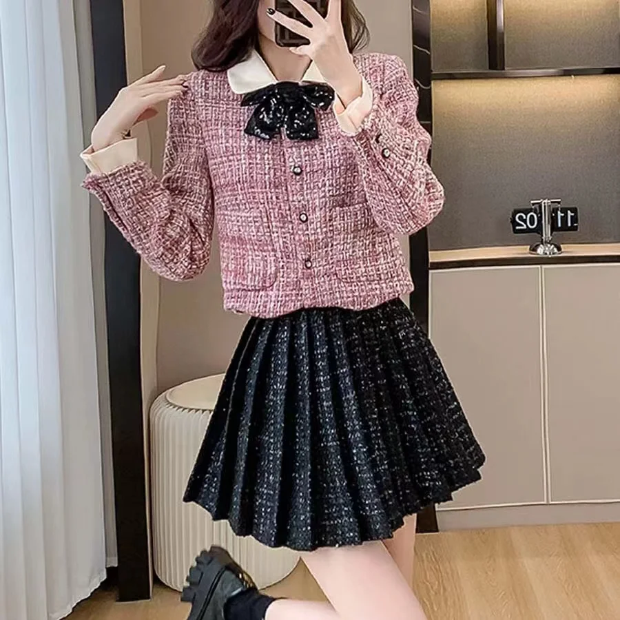 Sweet Set Coarse Tweed Two Piece Suit Set Woman Short Bow Coat Jacket +High Waist Pleated Skirt Set Korean Japan Popular
Sweet Set Coarse Tweed Two Piece Suit Set Woman Short Bow Coat Jacket +High Waist Pleated Skirt Set Korean Japan Popular