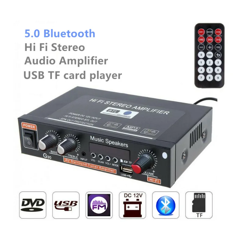 DC 12 В G30 HIFI Bluetooth автомобильный аудио усилитель мощности 2-канальный радиоплеер Поддержка SD / USB / DVD / MP3 с пультом дистанционного управления
DC 12 В G30 HIFI Bluetooth автомобильный аудио усилитель мощности 2-канальный радиоплеер Поддержка SD / USB / DVD / MP3 с пультом дистанционного управления