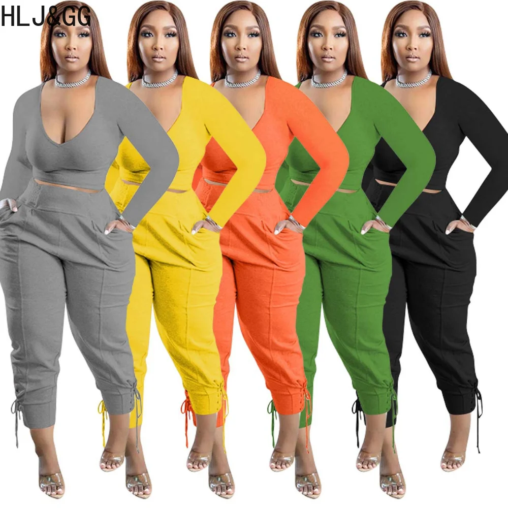 

HLJ&GG Spring Solid Color Matching Tracksuits Women Long Sleeve Slim Top+Jogger Pants Two Piece Sets Casual Sporty 2pcs Outfits