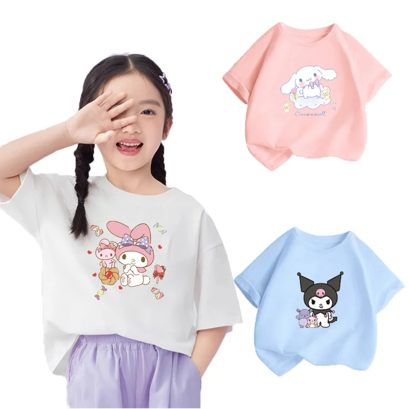 

Miniso Sanrio Cinnamoroll Kids Costume Kawaii Kuromi My Melody Cotton Printed T-shirt Summer Loose Children Short-sleeved Top