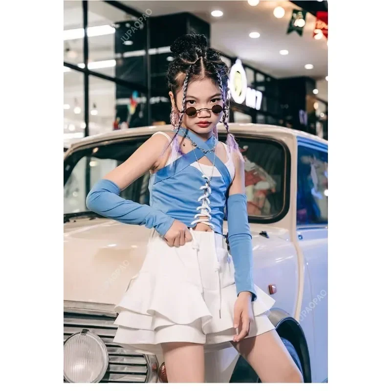 

High Quality Kids Jazz Dance Costume Hiphop Blue Top Skirt Dresses Funky Show for Girls Stage Performance Cheerleader Costumes