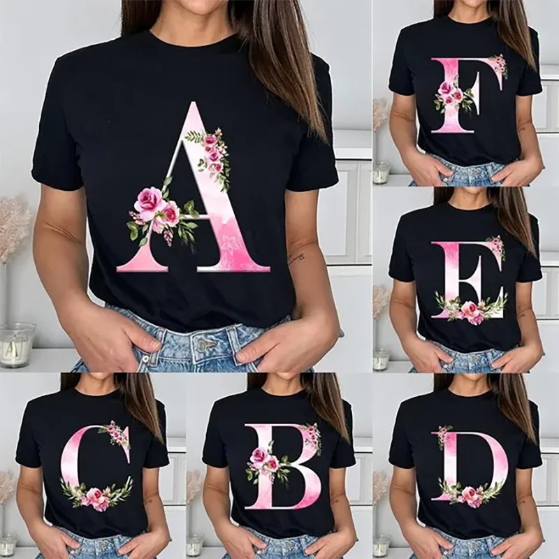 

Hot Flower Alphabet Font A To Z 26 Letters Print T-shirts Women Summer Short Sleeve Casual T-shirts Fashion Round Neck Shirts