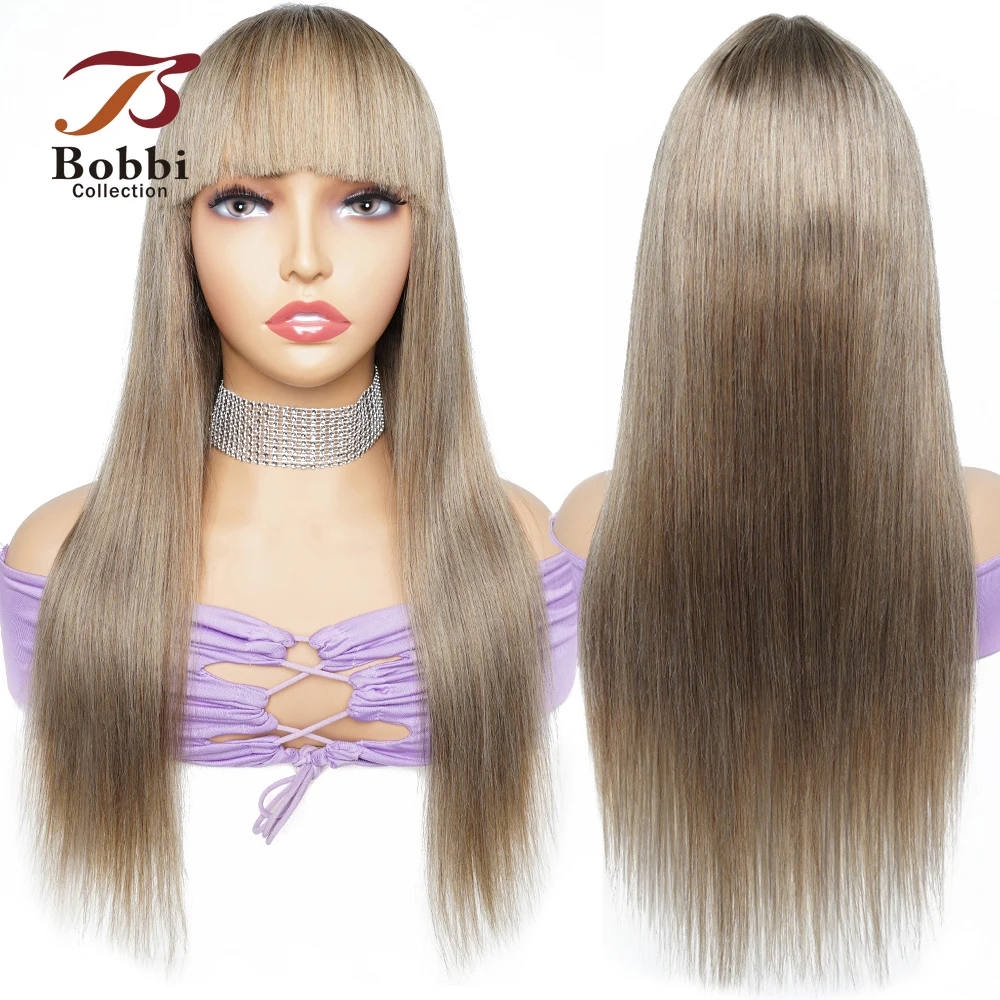 

Color 8 Remy Human Hair Wigs Glueless Full Wig with Bang Ash Blonde Lonly Silky Straight Machine Made with Fringe Bobbi