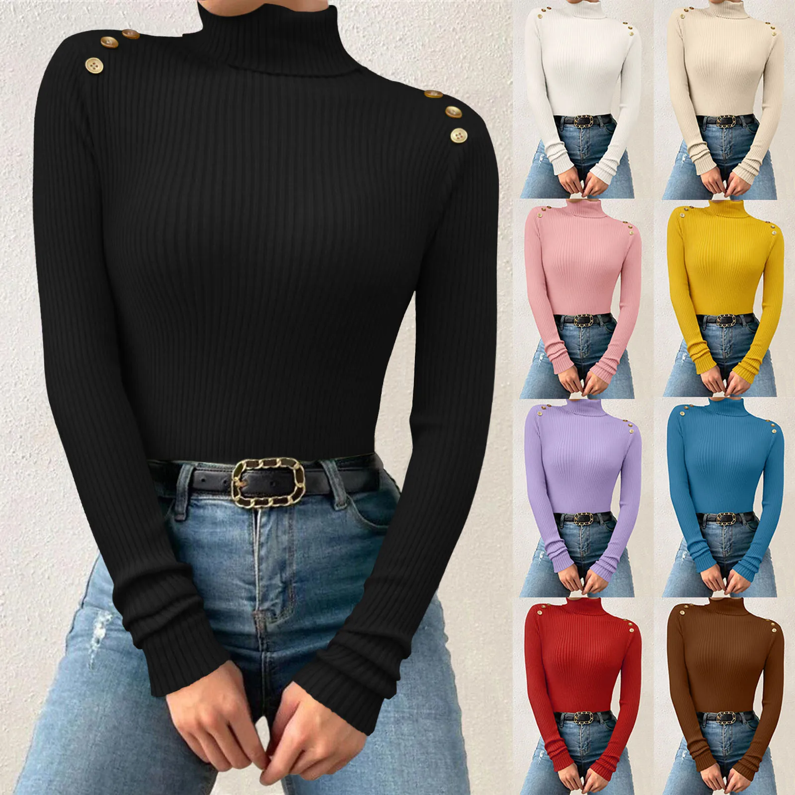 

Women Autumn And Winter Solid Color Turtleneck Bottoming Tops Long Sleeve Button Decorated Warm Slimming Stretch Knitwear Tops
