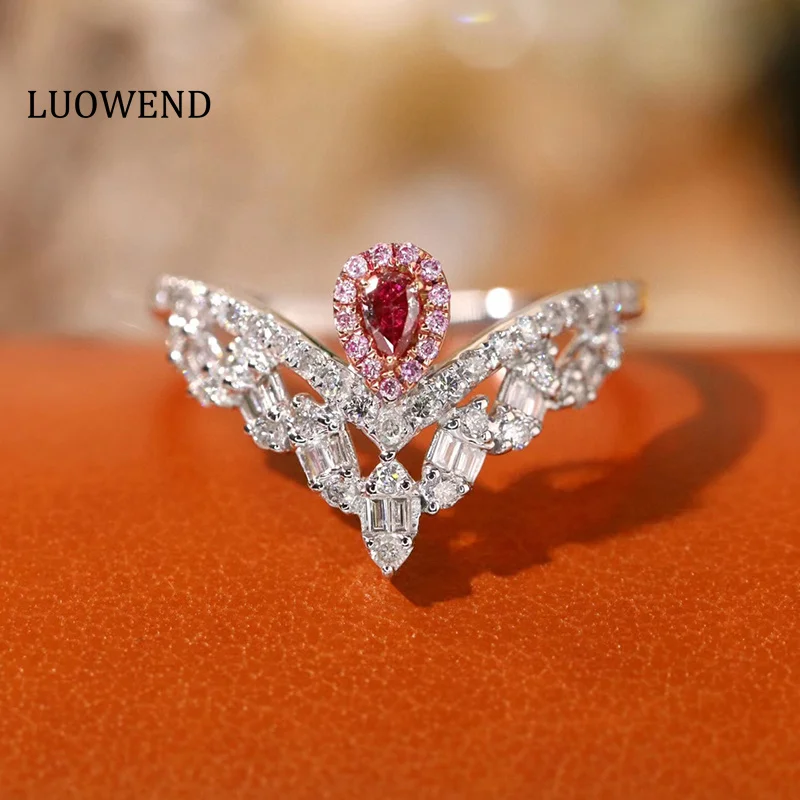 

LUOWEND 18K White Gold Rings Romantic Crown Design Real Natural Pink Diamond Engagement Ring for Women High Wedding Jewelry