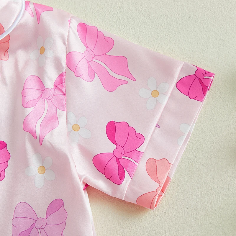 Summer Pajamas Set Bow Print Lapel Short Sleeve Button Down Tops with Shorts Kids Satin 2 Pieces Sleepwear Summer Pajamas Set Bow Print Lapel Short Sleeve Button Down Tops with Shorts Kids Satin 2 Pieces Sleepwear