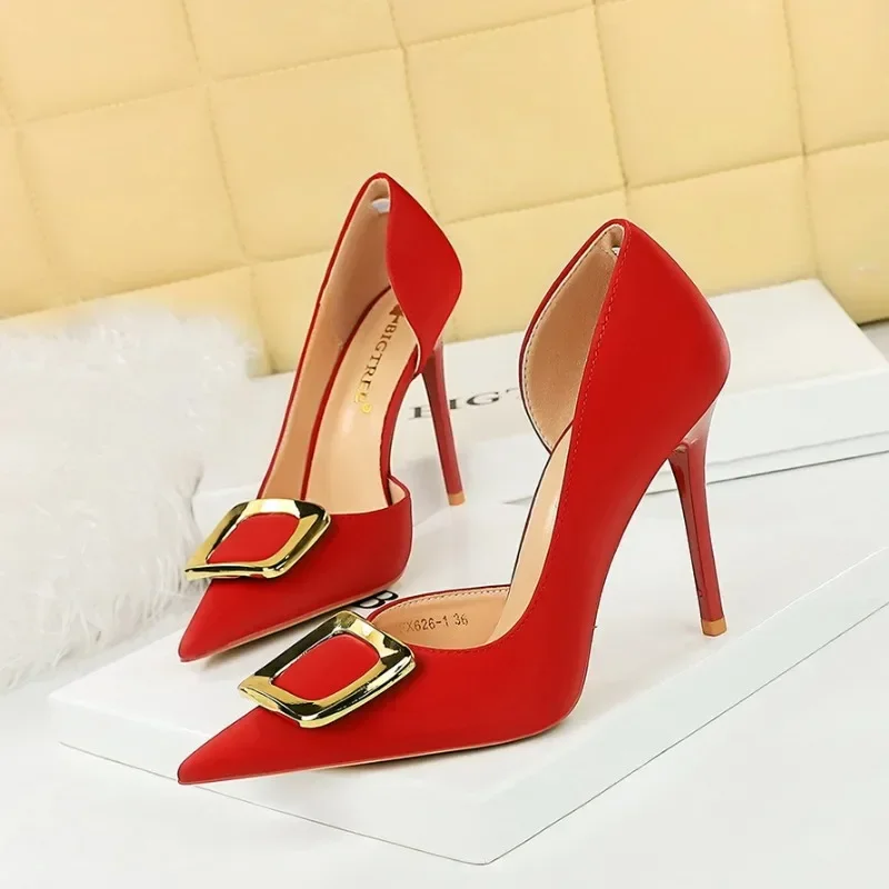 

New Woman Pumps Luxury Designer Shallow Metal decoration Pointed Toe Silk 10CM Thin Heels Concise Party Dance Women Shoe