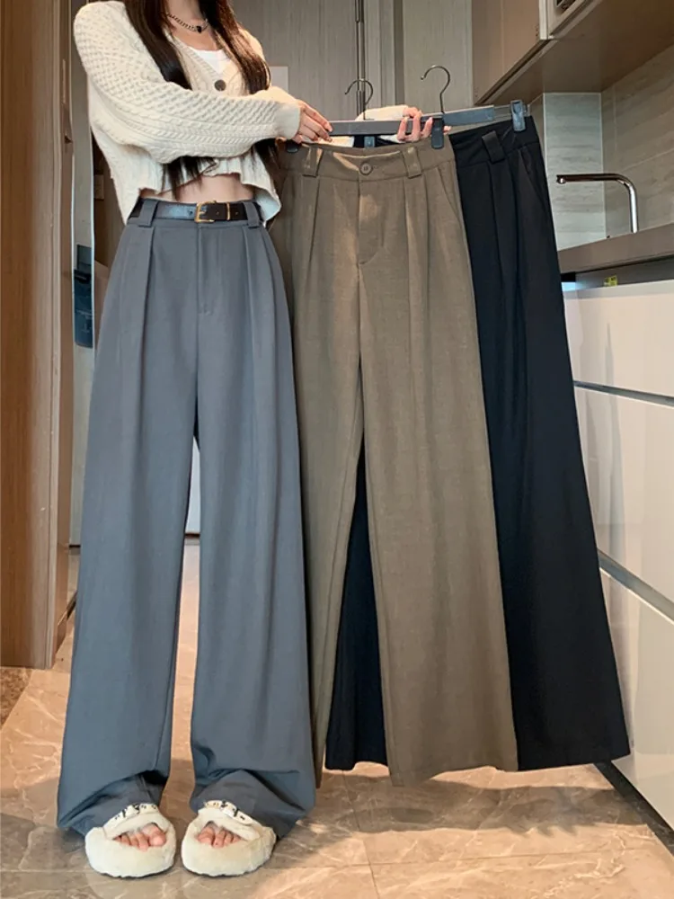 

Серые Костюмные брюки, повседневные брюки, женские свободные брюки с высокой талией на осень и зиму, драпированные прямые брюки, широкие брюки с высокой прорезями