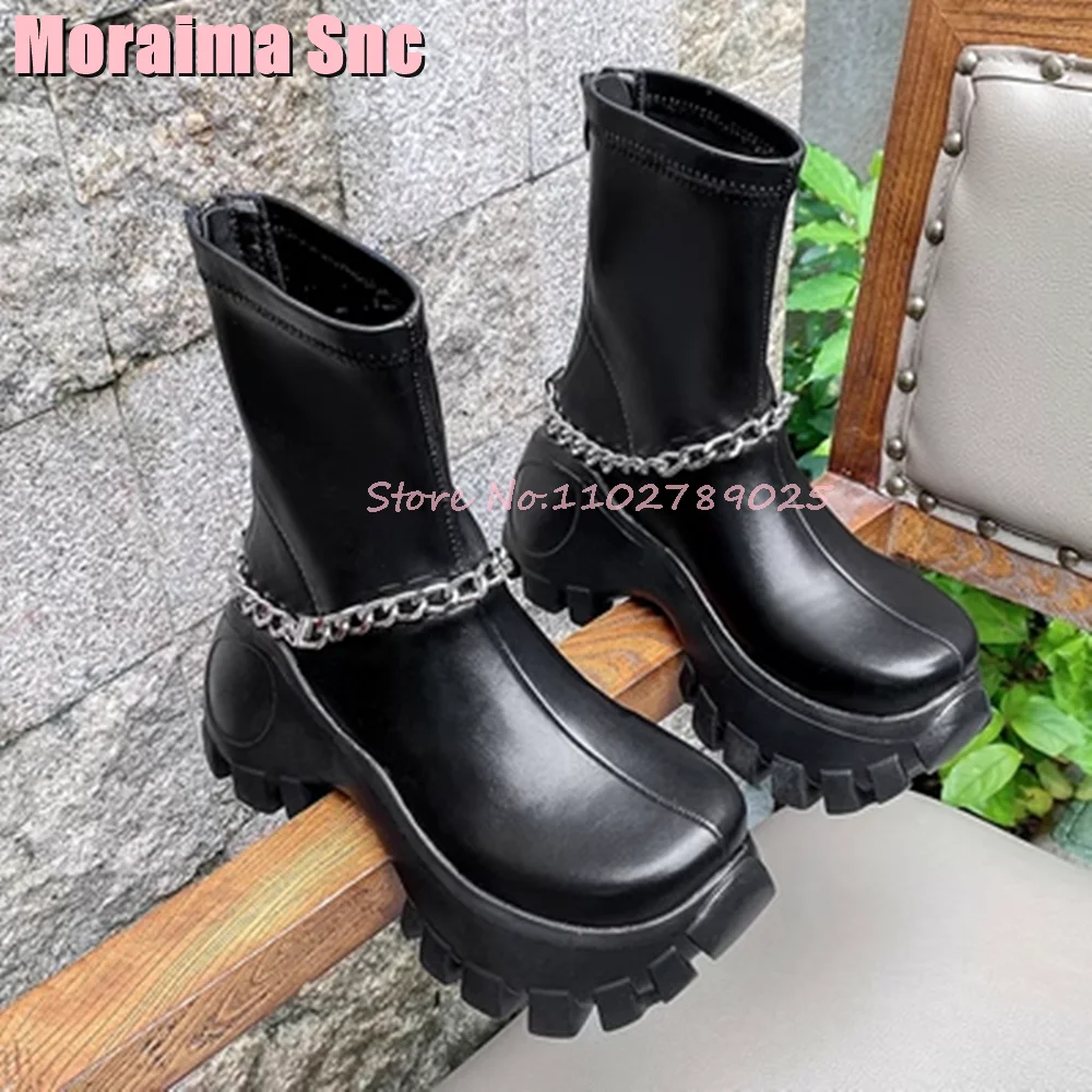 Platform Thick Sole Metal Chain Stretch Boots Round Toe Block Heel Autumn Winter Women Ankle Boots Back Zipper Black Solid 2024
Platform Thick Sole Metal Chain Stretch Boots Round Toe Block Heel Autumn Winter Women Ankle Boots Back Zipper Black Solid 2024
