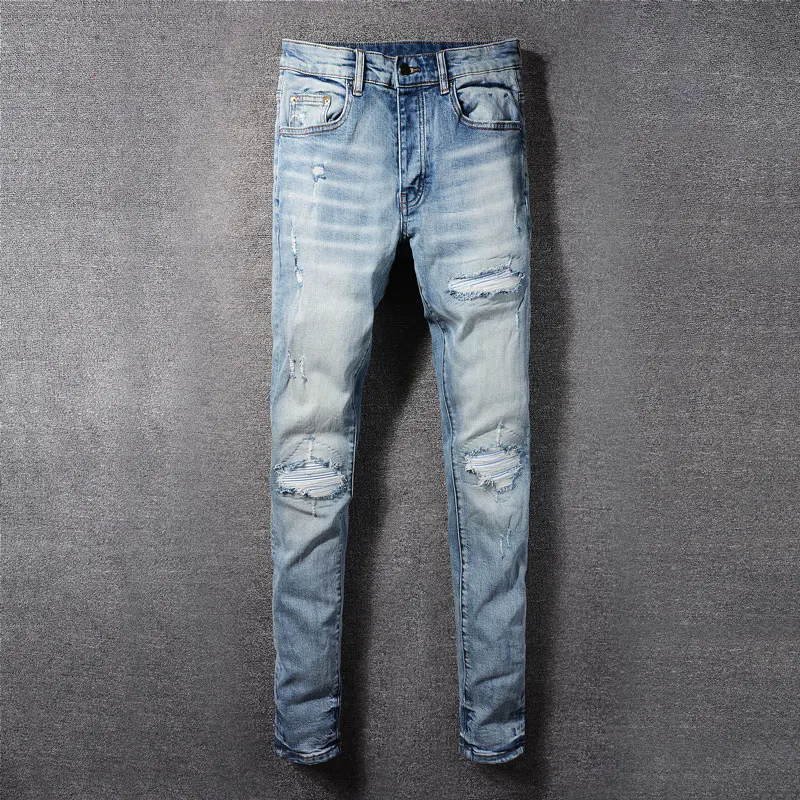 

Джинсы мужские Стрейчевые в стиле ретро, модные рваные джинсы скинни, кожаные заплатки, дизайнерские Брендовые брюки в стиле хип-хоп, цвет синий