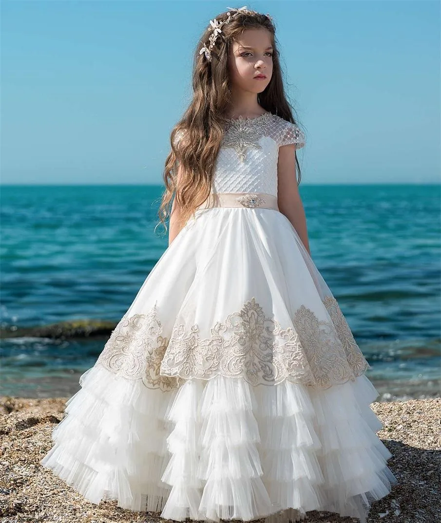 

Flower Girl Dress Half Sleeve Tulle White Lace Appliqué Simple First Communion Girl Pageant Bespoke Occasion Dresses Birthday