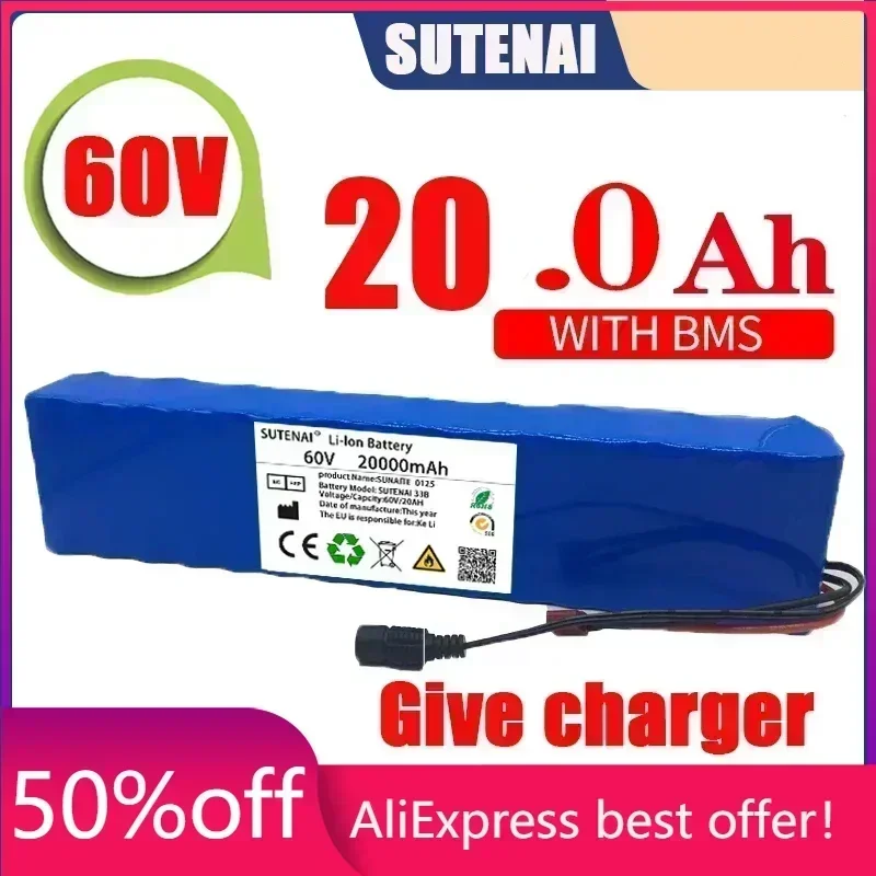 

New Electric Bike 60V 100000mAH100Ah 16S2P 18650 Lithium Ion Battery Pack E-Bike Scooter With BMS + 67.2V Charger