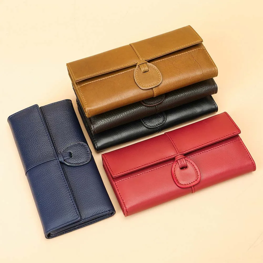

Genuine Leather Women's Clutch Wallet Card holder Business Long Purse Cow Leather Female Evening Trifold money clip