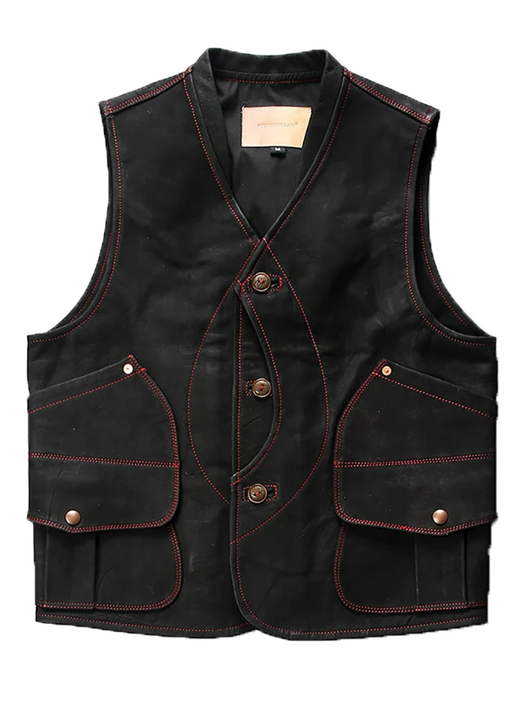 High Quality Waistcoat Genuine Leather Moto Sleeveless Jackets Fruit Button Men's Multi-pocket Frosted Cowhide Vest
High Quality Waistcoat Genuine Leather Moto Sleeveless Jackets Fruit Button Men's Multi-pocket Frosted Cowhide Vest