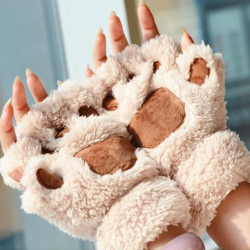 

Cartoon Cute Cat Claw Paw Gloves Women Plush Mittens Warm Soft Plush Short Fingerless Fluffy Bear Cat Gloves Costume Half Finger