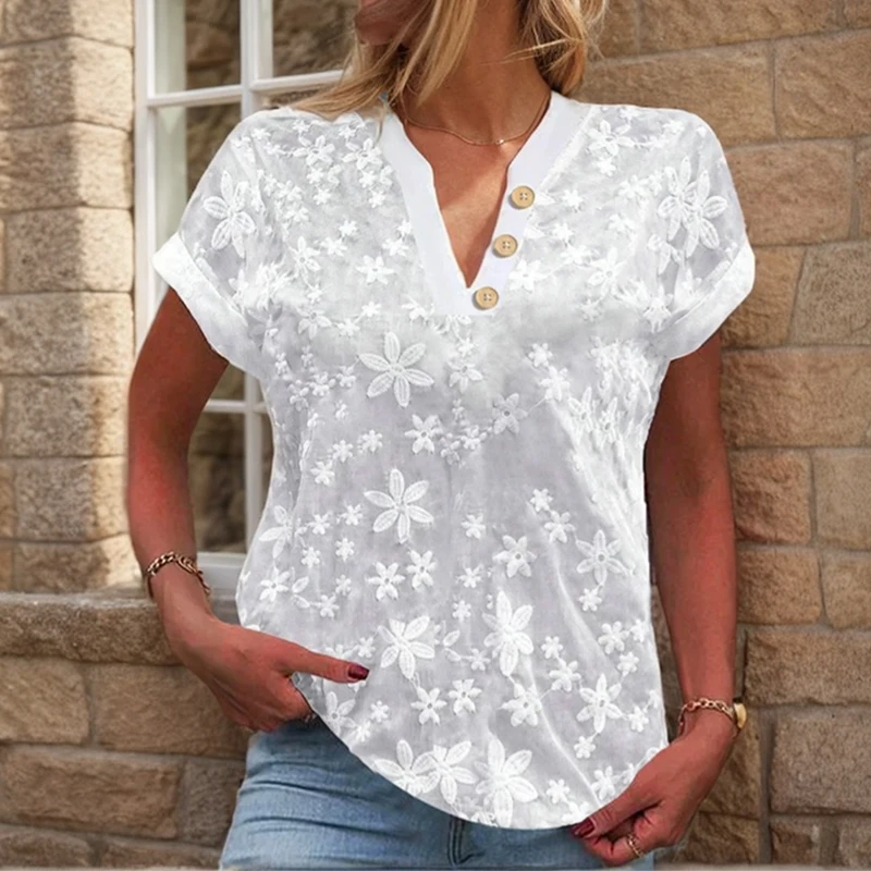 Blouse For Women Spring Summer New Short Sleeve V-neck Button Floral Solid Print Slim Fashion Elegant Casual Commute Female Tee
Blouse For Women Spring Summer New Short Sleeve V-neck Button Floral Solid Print Slim Fashion Elegant Casual Commute Female Tee