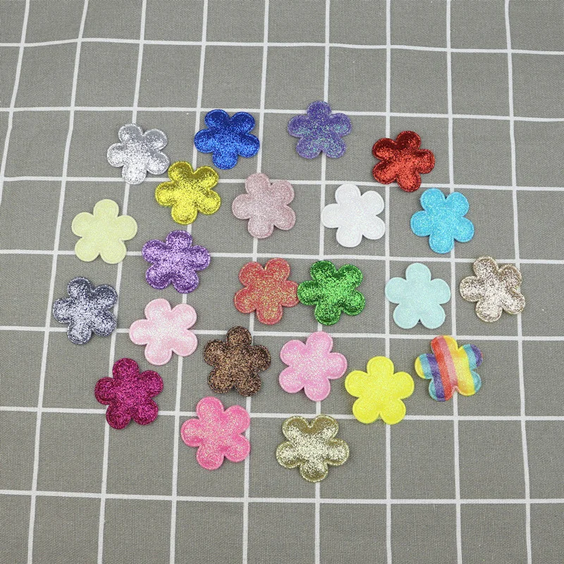 

100Pcs 35mm Glitter Flowers Padded Patches Appliques DIY Craft Art Toy Clothes Handmade Materials Hair Accessories Bows Ornament