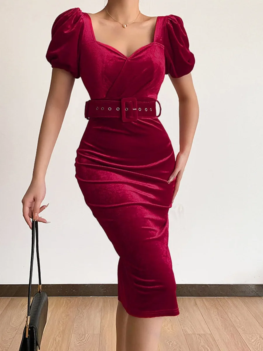 

LW party dresses Velvet Puff Sleeve Belt Design Bodycon Dress Elegant midi dress Women Spring Autumn short sleeve Slim Vestidos