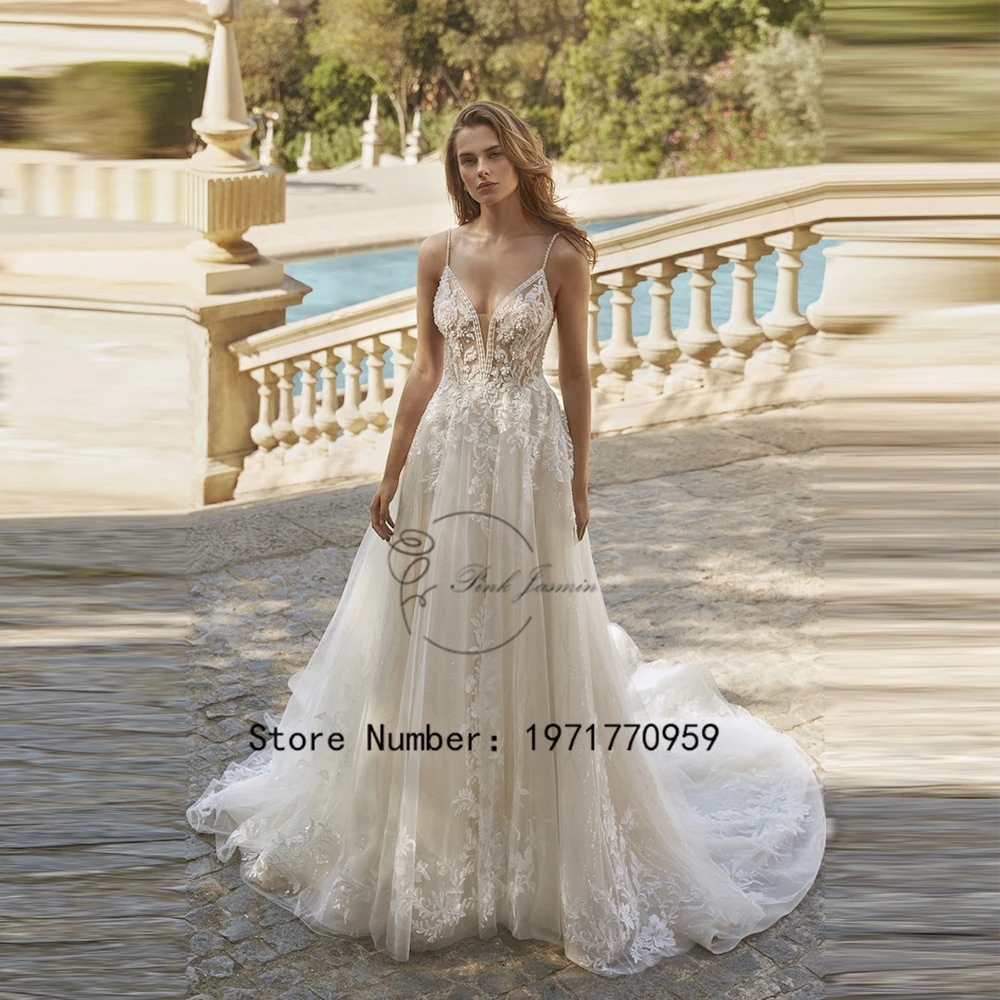 

Boho Exquisite Wedding Gowns Gorgeous Spaghetti Straps Sleeveless Applique A-Line Backless Tulle Bridal Dress Robe De Mariée