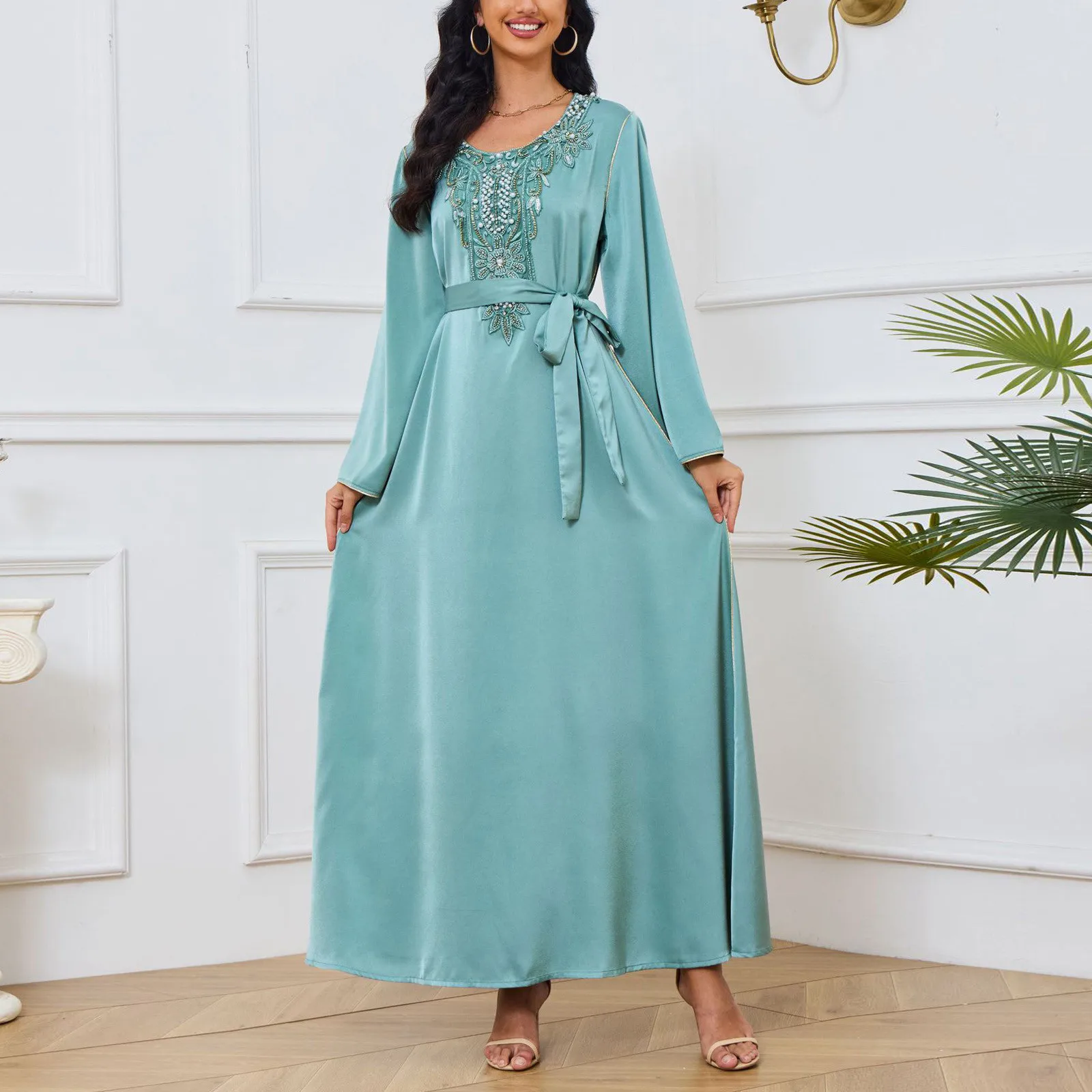

Длинное Цветочное платье для мусульманских женщин, туника с круглым вырезом и цветочным узором из бисера с высокой талией и длинными рукавами, мусульманские платья