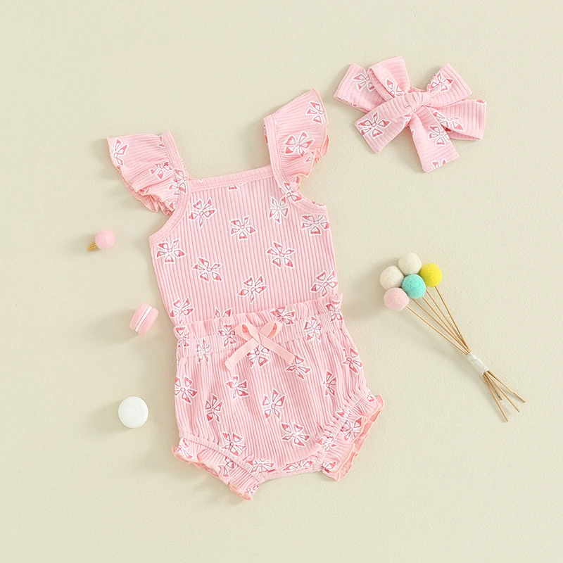 

Newborn Baby Girl Summer Shorts Set Pink Floral Ribbed Ruffle Sleeveless Romper Bloomers Headband Infant Clothes Outfits 3Pcs