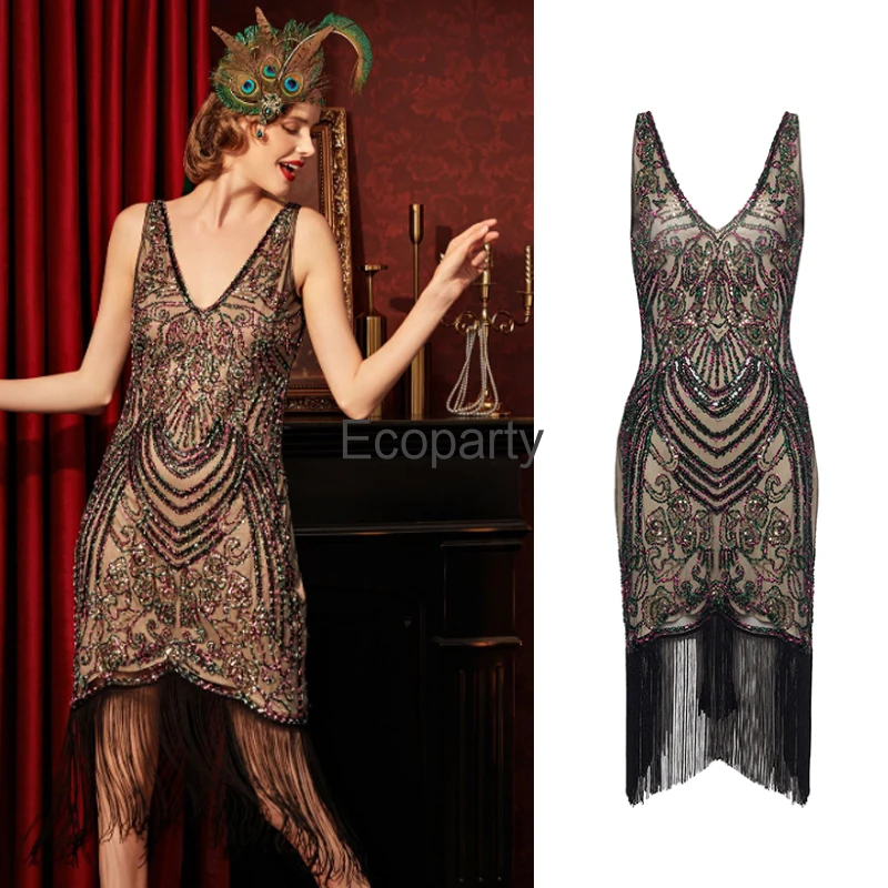 

New Women's 1920s Flapper Dress Vintage Great Gatsby Party Dresses Lady Elegant V-Neck Sleeveless Beaded Sequin Tassel Vestidos