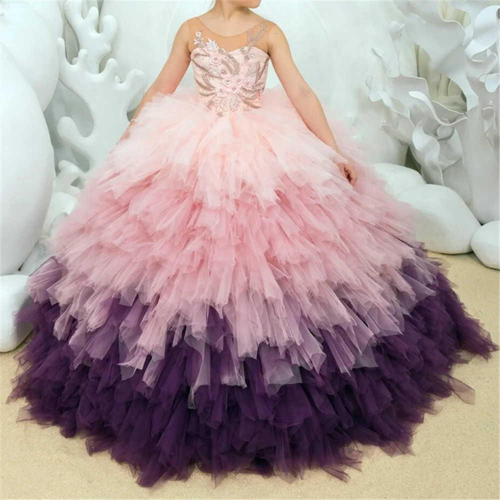 

Sleeveless Tulle Lace Printing Layered Flower Girl Dress Princess Ball First Communion Dresses Kids Surprise Birthday Present