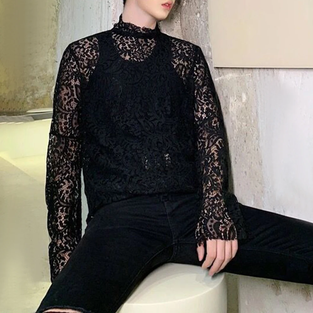 Mens Sexy Lace See-Through Long-Sleeve Top 2024 New Fashion Nightclub Youth Personality Versatile Thin High-Neck T-Shirt For Men
Mens Sexy Lace See-Through Long-Sleeve Top 2024 New Fashion Nightclub Youth Personality Versatile Thin High-Neck T-Shirt For Men
