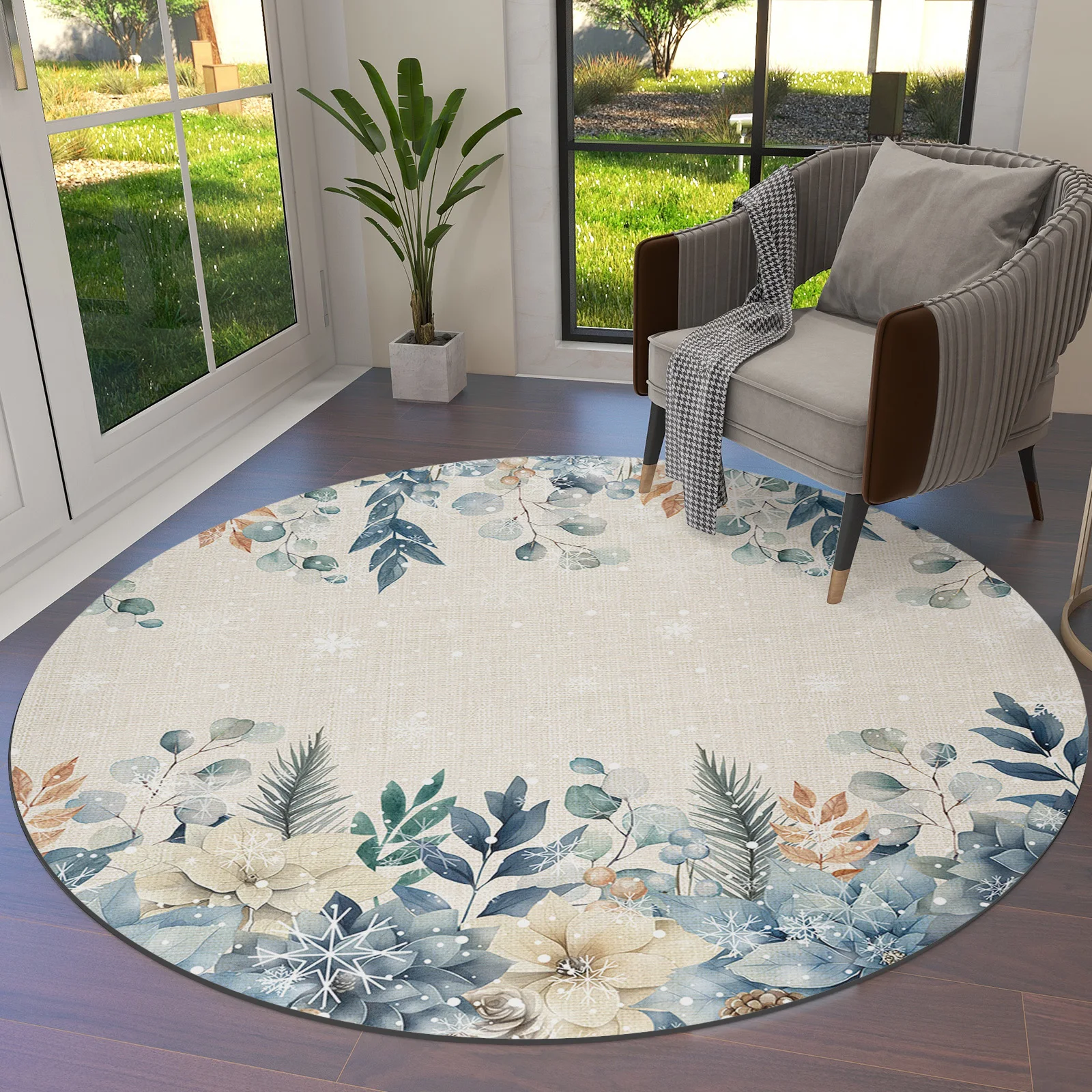 

Christmas Poinsettia Eucalyptus Leaf Berry Pine Round Area Rug Carpets for Living Room Large Mat Home Bedroom Kid Room Decor