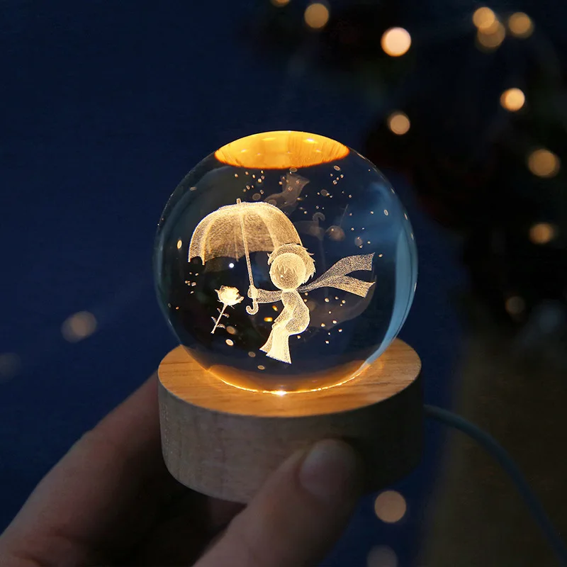 

6cm 3D Xmas Crystal Ball USB LED Night Light with Wooden Base Santa Claus Elk Snowflake Christmas Birthday Gift Desktop Decor