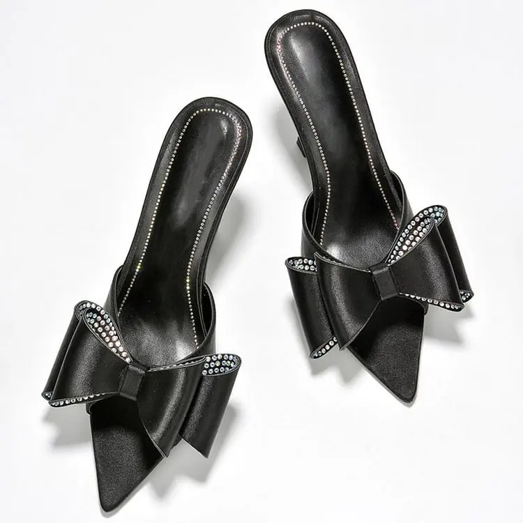 

FOWT Mules Summer Sandalias Black&White Satin Peep Toe Rhinestone Bow Stiletto 9cm Heel Pumps Shoes for woman Butterfly 2024