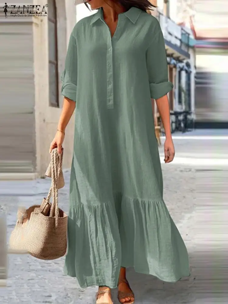 

Элегантный длинный сарафан ZANZEA с оборками на подоле, модное женское длинное платье-рубашка, повседневное однотонное платье с отворотом и длинным рукавом, рабочие халаты