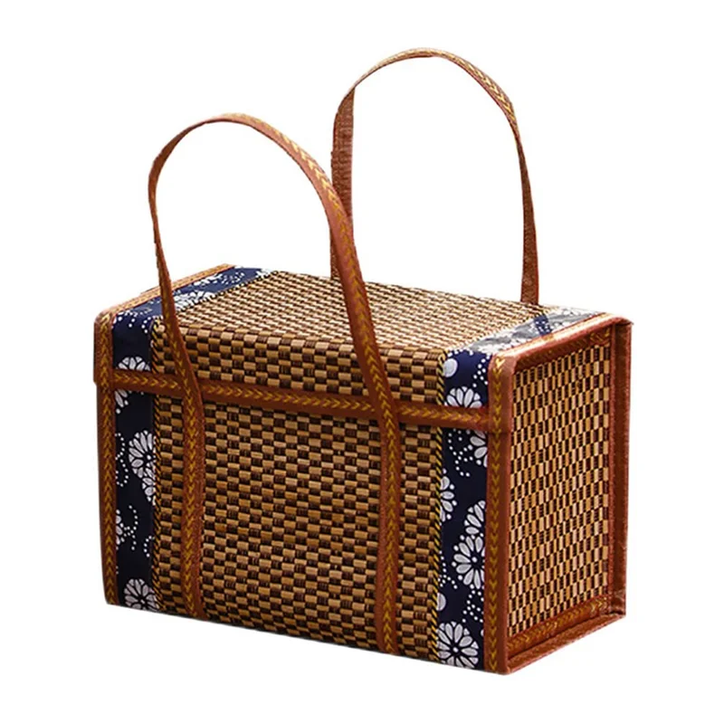 

Picnic Woven Basket Wicker Storage Bag Handle Folded Fruit Shopping Food Handle Rattan Grass Foldable Bamboo Basket A