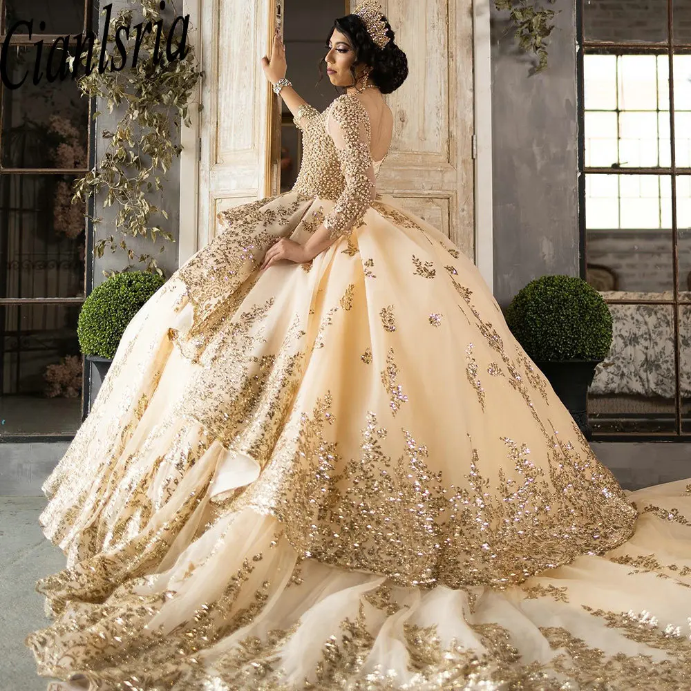 

Gold Pearls Beading Ruffles Mexican Quinceanera Dress Ball Gown Long Sleeve Sequined Appliques Lace Corset Vestidos De XV Anos