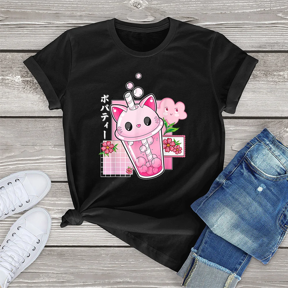 

FLC 100% хлопок Boba чай Кот пузырь чай кавайное аниме японские девушки подростковая одежда подарок Женская футболка оверсайз топ с принтом