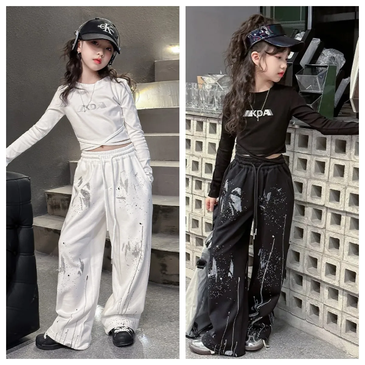 

Girls Streetwear Crop Top Splash Ink Loose Pants Child Hip Hop Letter T-shirt Clothes Sets Teens Cool Street Dance Jazz Costume