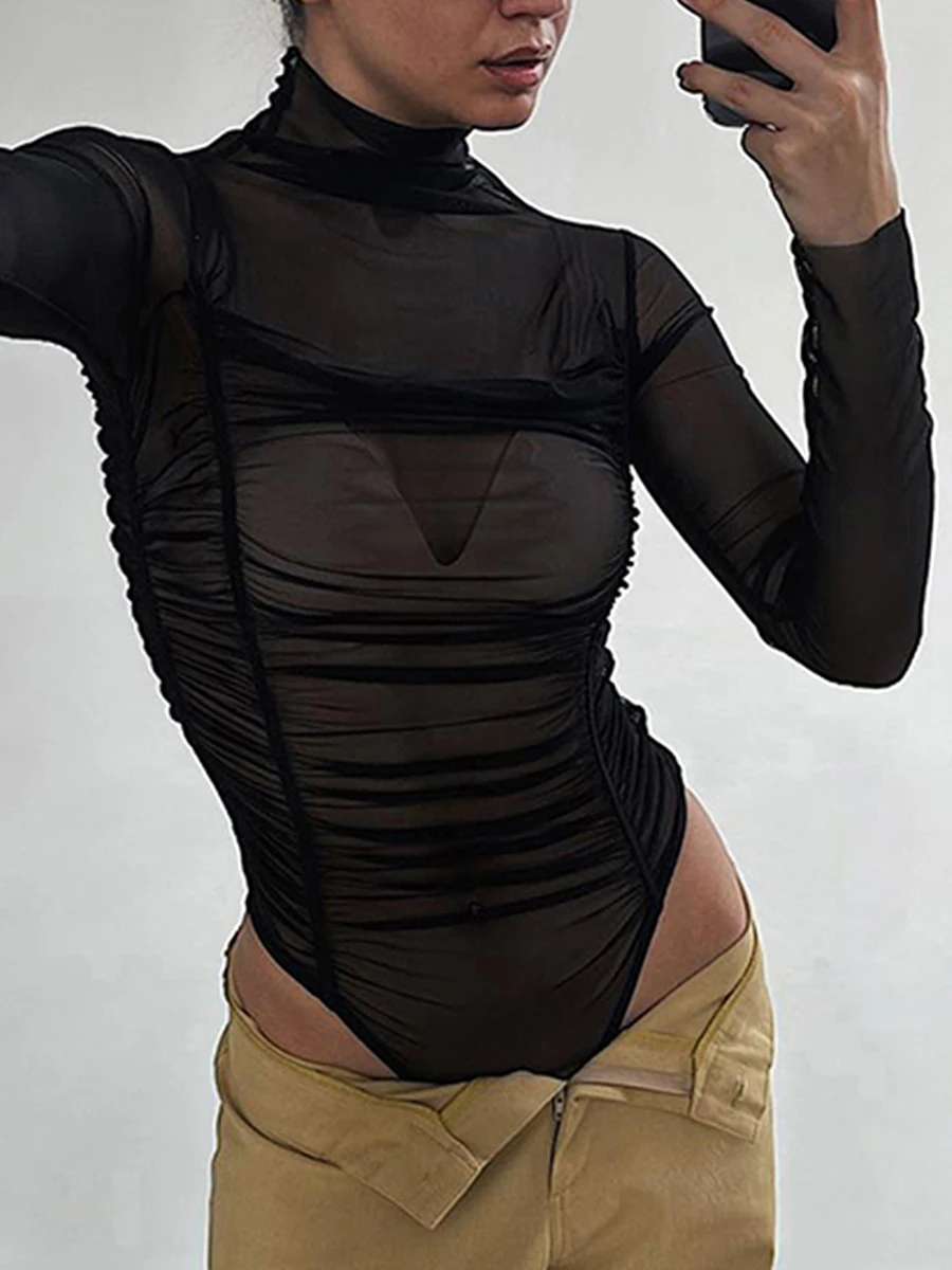 

CHQCDarlys Women s Sheer Mesh Long Sleeve Bodysuit Tops Mock Neck Ruched See Through Jumpsuit Leotard Clubwear Streetwear