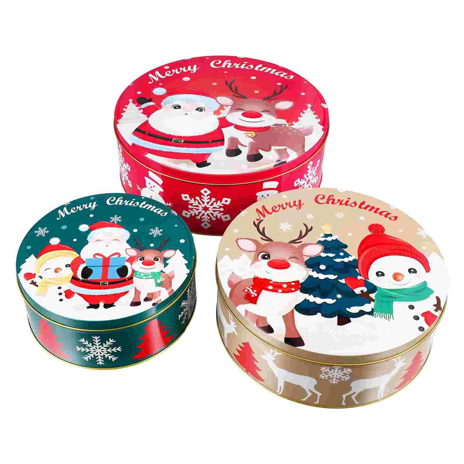 

Christmas Tin Box Tinplate Candy Cookie Cases Metal Container with Lid Packing Round Xmas Gift Boxes Jar Present Containers