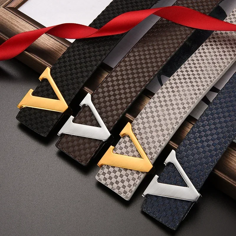 

2024 New Luxury Designer Men's Belt Casual Business V Letter Slide Buckle Fashionable Checkered Plaid Leather Male Belt for Men