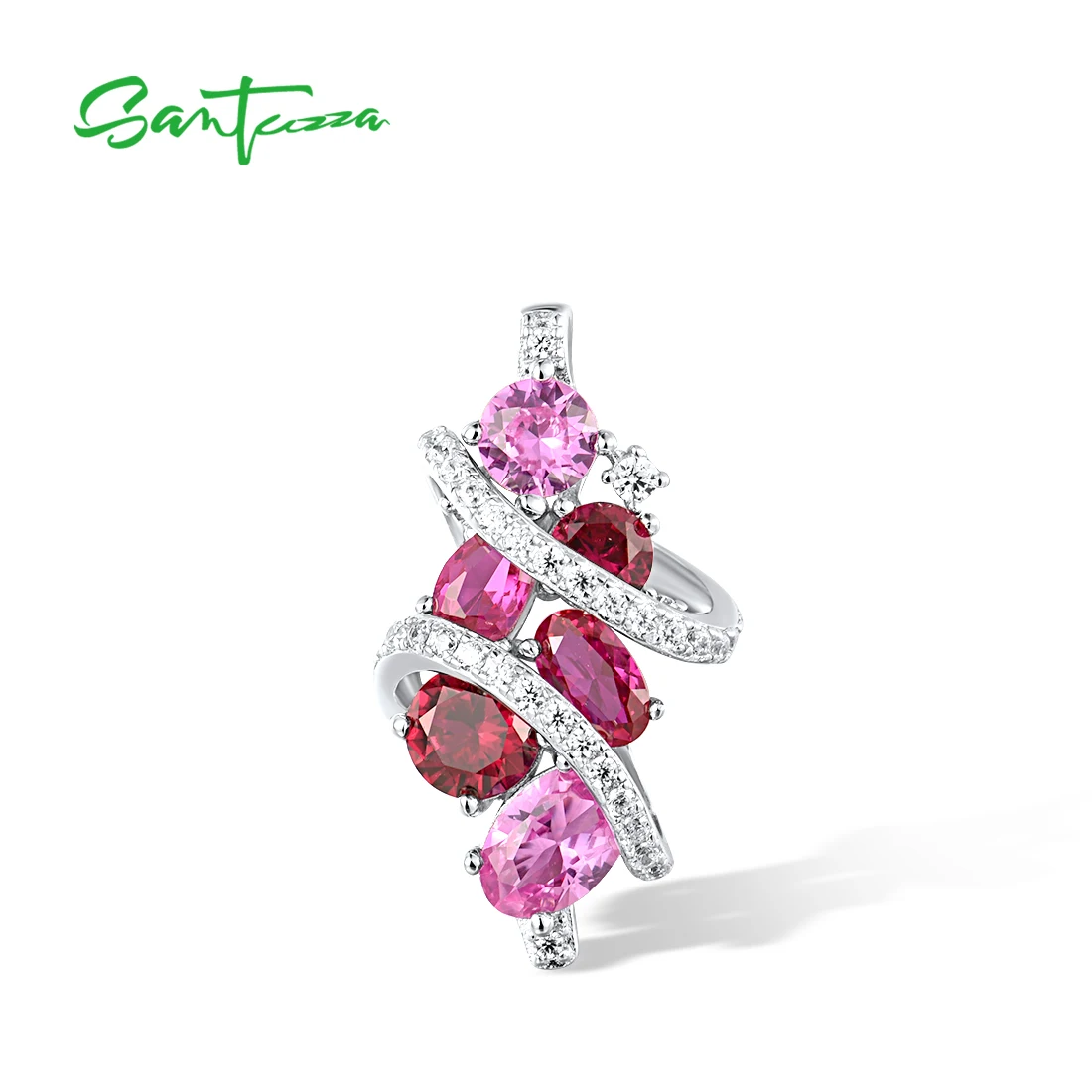 

SANTUZZA 925 Sterling Silver Pendant For Women Sparkling Lab Created Pink Sapphire Ruby White CZ Sweet Wedding Fine Jewelry