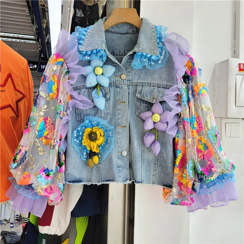 Sequins Hollow Out Mesh Splicing Denim Jacket Women Loose Short Cowboy Outerwear Big Pocket Hem Frayed Jeans Jacket Coat Female
Sequins Hollow Out Mesh Splicing Denim Jacket Women Loose Short Cowboy Outerwear Big Pocket Hem Frayed Jeans Jacket Coat Female
