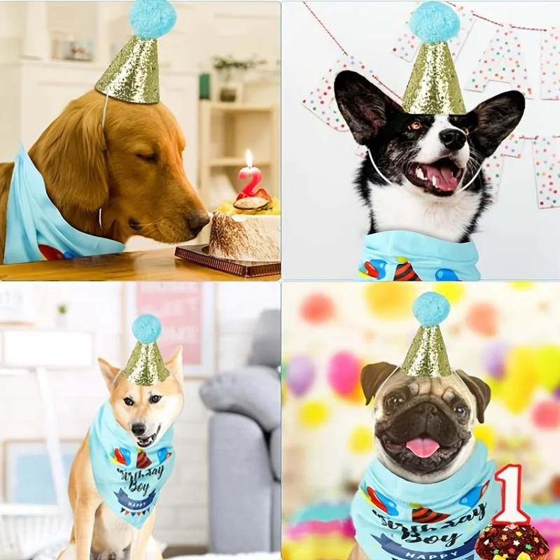 

Celebrate Your Pup's Birthday in Style with Adjustable Dog Bandanas, Shining Bow Tie, and Party Hat Set