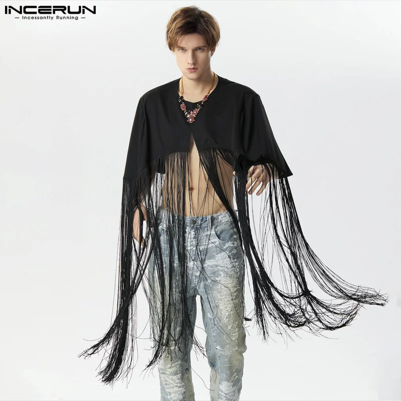 

INCERUN Tops 2024 American Style Men's Cropped Long Tassel Cape Casual Streetwear Male Hot Selling Solid All-match Trench S-5XL