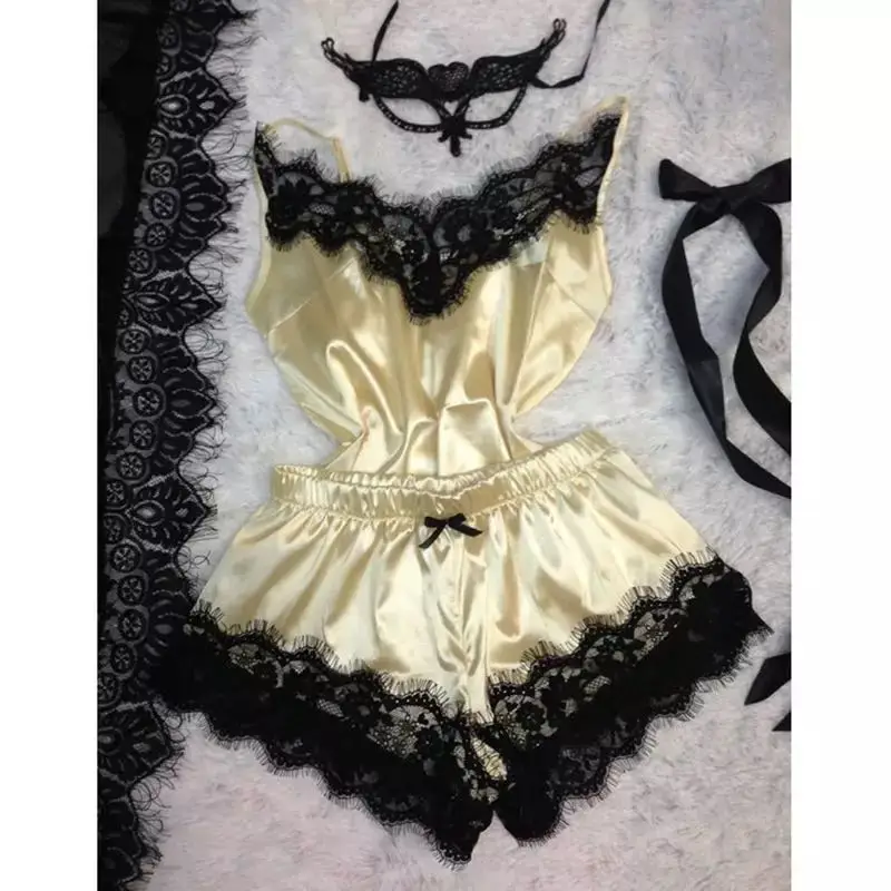 Ensemble de pyjama en dentelle sexy pour femme, haut et short à bretelles spaghetti, sous-vêtements à la mode, pyjama en fibre, 2 pièces 5