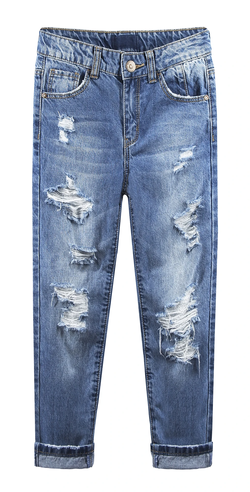 

KIDSCOOL SPACE Children Girls/Boys Denim Pants Frayed Edge Elastic Band Inside Washed Ripped Holes Slim Jeans