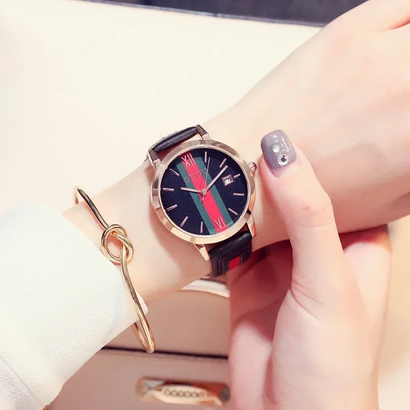 

luxury leather vintage Roman quartz wristwatch waterproof round calendar dial ladies watch gift clock ring chain bracelet reloj